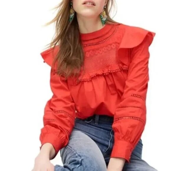 J. Crew Embroidered Crochet Ruffle Romantic High Neck Blouse Top Red size Small - Picture 2 of 12